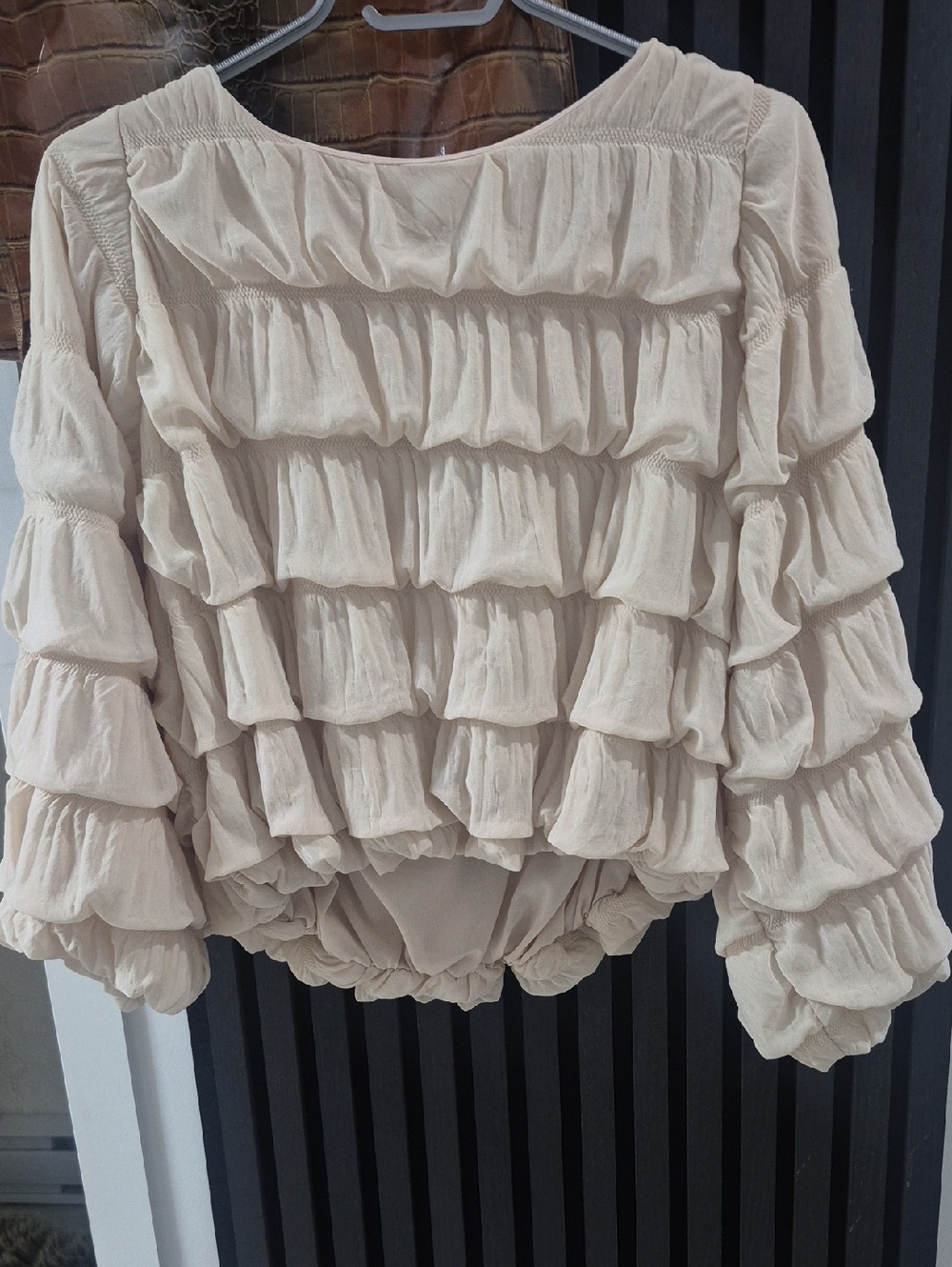 Tiered Ruffle Long-Sleeve Blouse in Light Cream